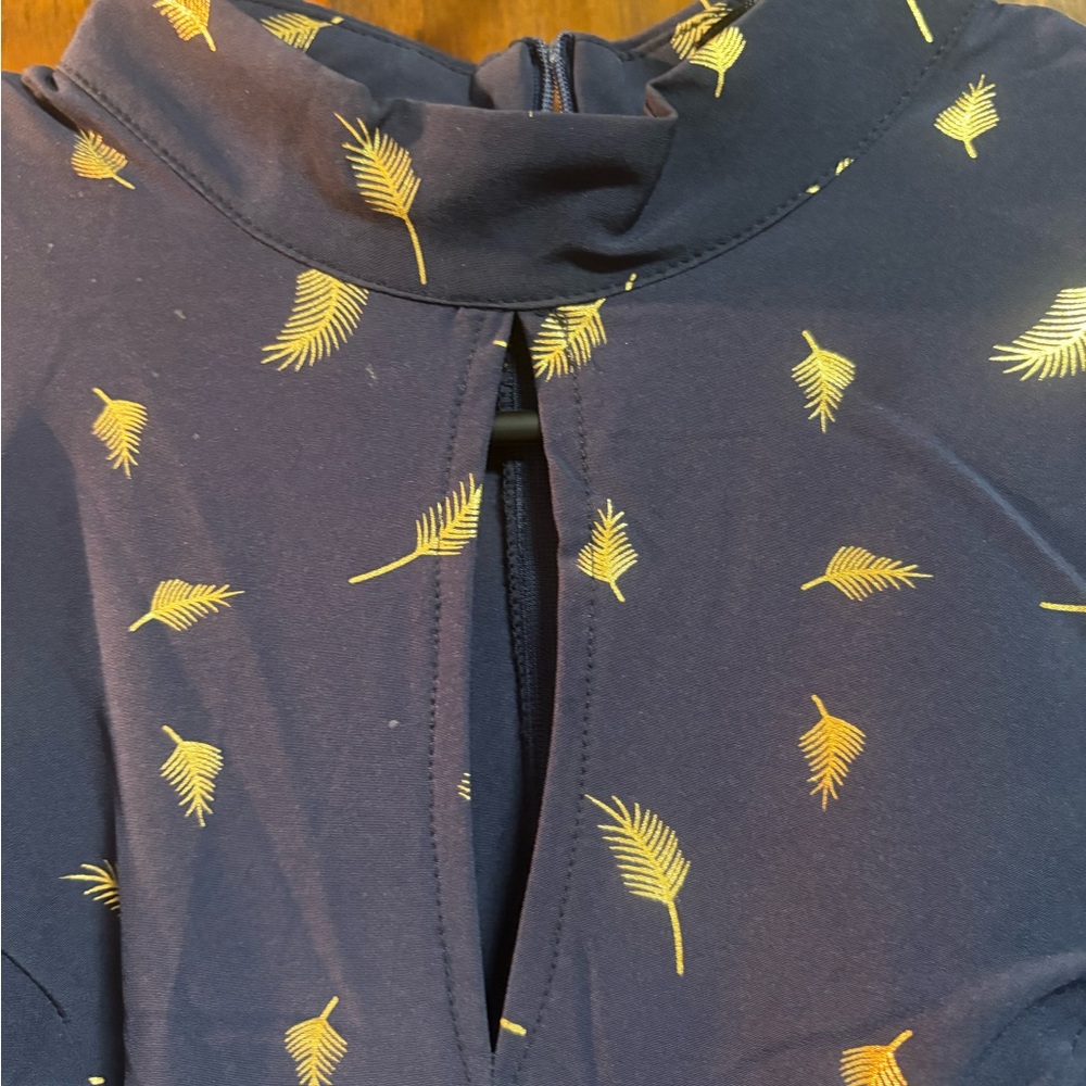 Navy Dress with Yellow Metallic Feather Print